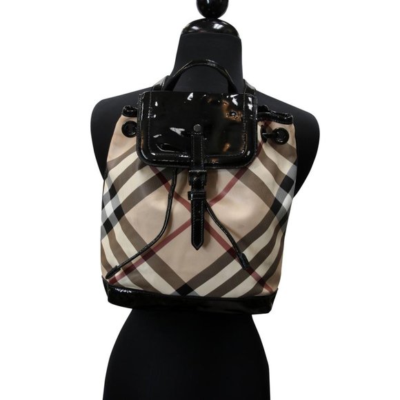 Burberry Drawstring Check Trim Coated Leather Supernova Backpack BB-0317N-0070